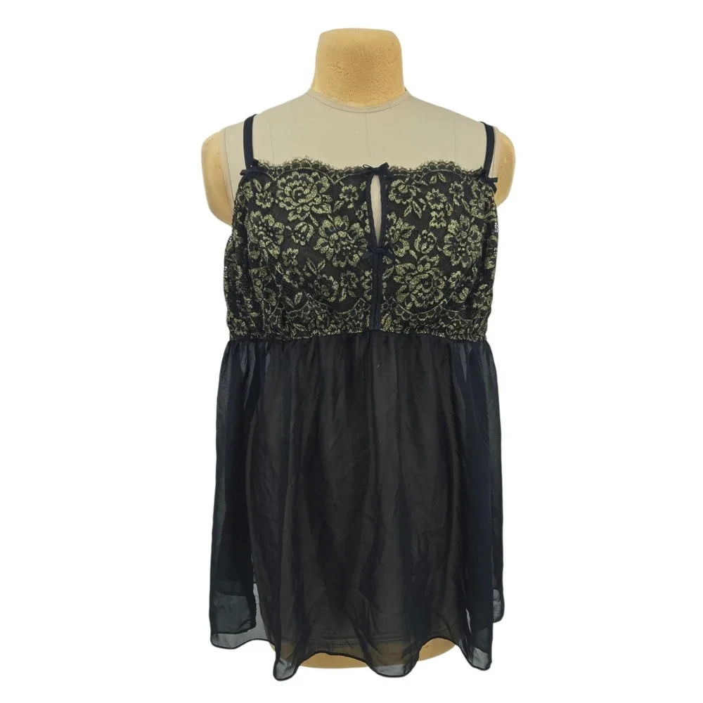Cacique Babydoll Lingerie Women 22/24 Black Gold Metallic Lace Sheer‎ Nightgown